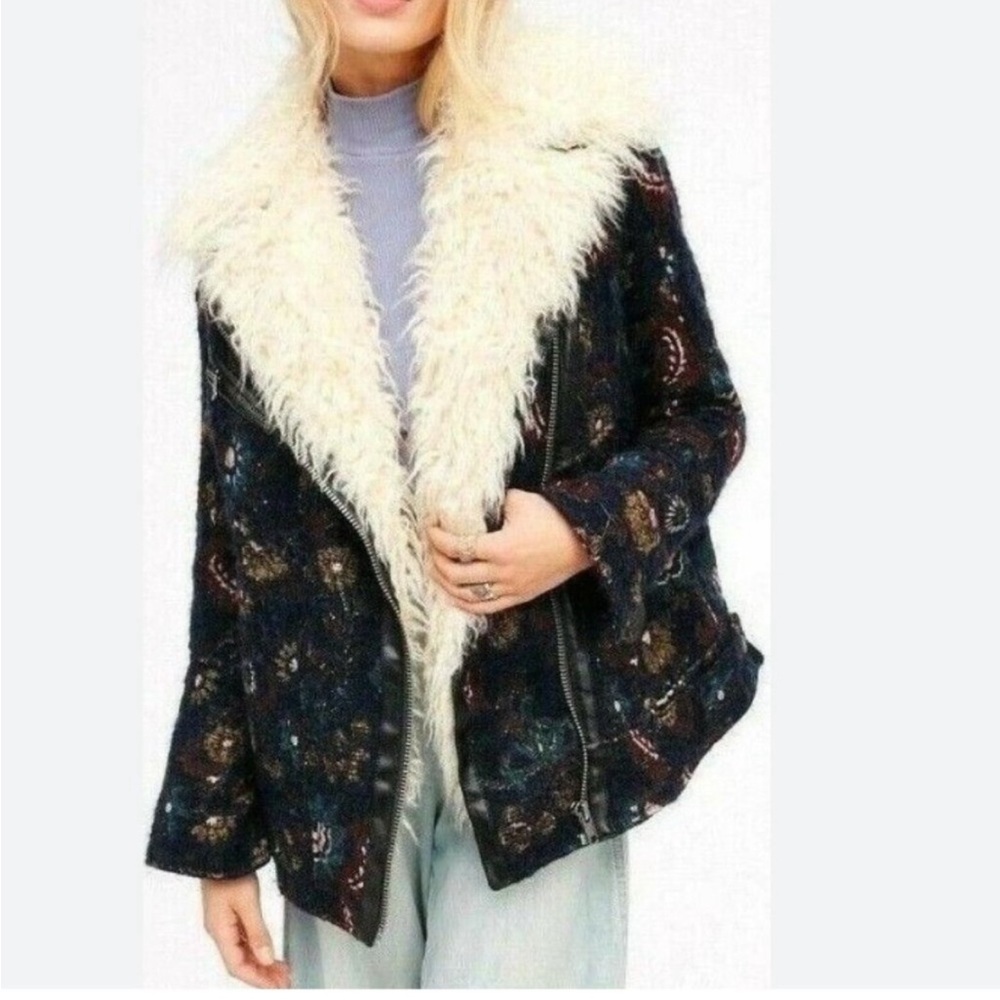 Free people jacquard faux fur floral tapestry jacket
